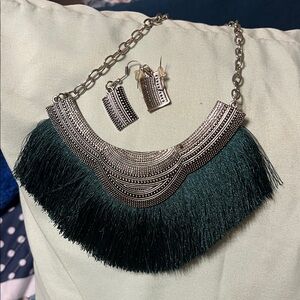 Rue21 Silver and Dark Green Fringe Necklace Set